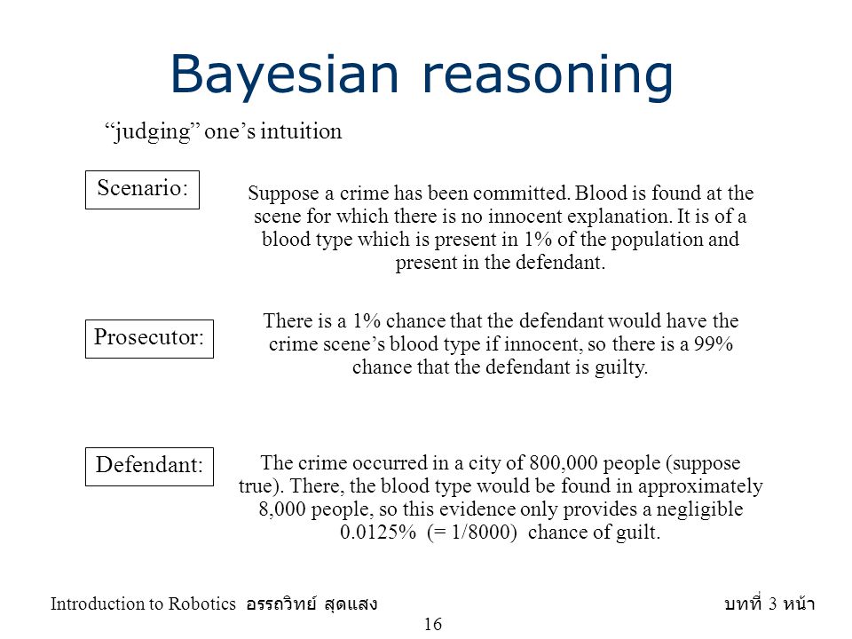 Bayesian reasoning judging one’s intuition Scenario: Prosecutor: