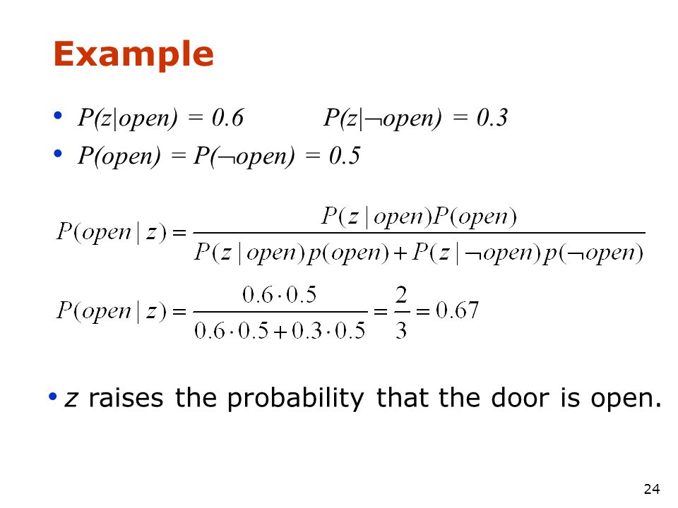 Example P(z|open) = 0.6 P(z|open) = 0.3 P(open) = P(open) = 0.5