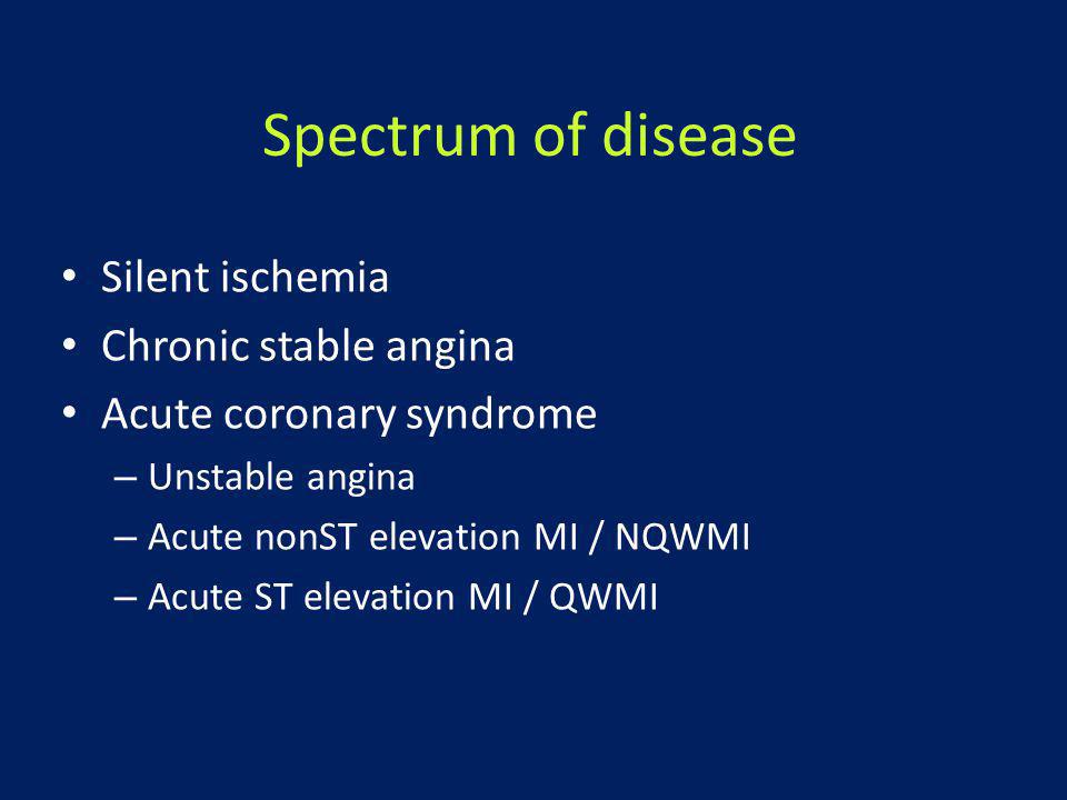 Spectrum of disease Silent ischemia Chronic stable angina