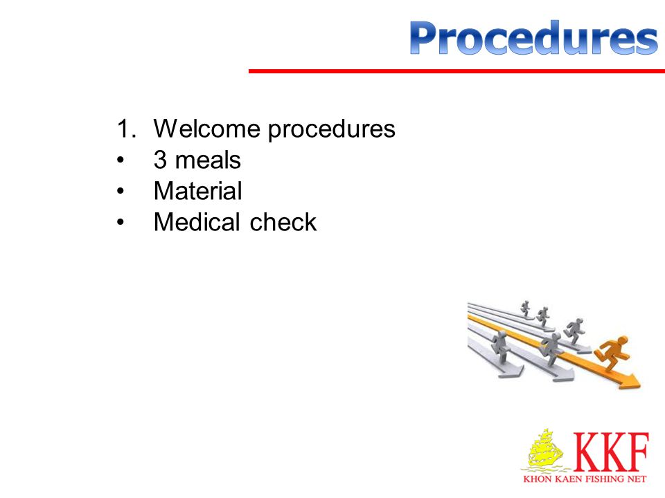 Procedures Welcome procedures 3 meals Material Medical check