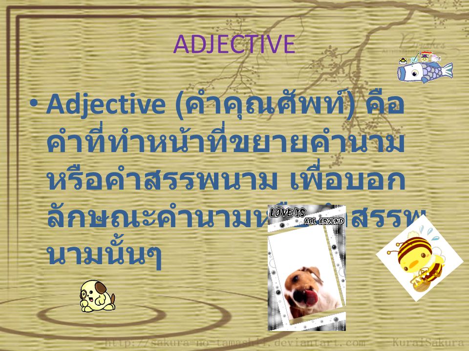 ADJECTIVE Adjective (คำคุณศัพท์) คือ คำที่ทำหน้าที่ขยายคำนามหรือคำสรรพนาม เพื่อบอกลักษณะคำนามหรือคำสรรพนามนั้นๆ.