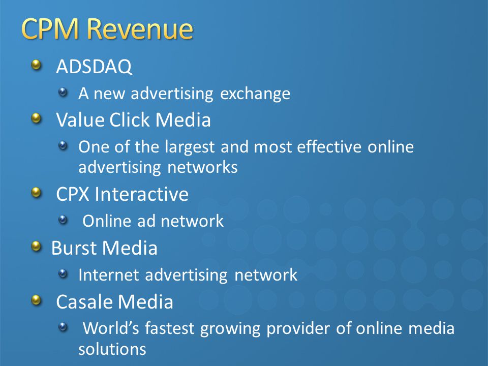 CPM Revenue ADSDAQ Value Click Media CPX Interactive Burst Media