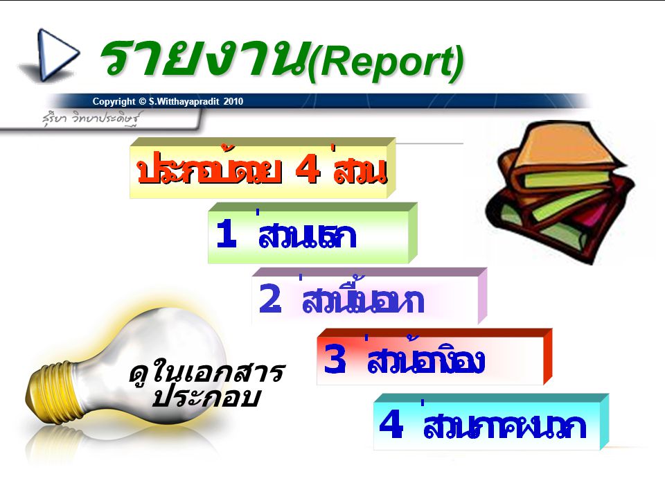 รายงาน(Report) Copyright © S.Witthayapradit 2010 ดูในเอกสารประกอบ