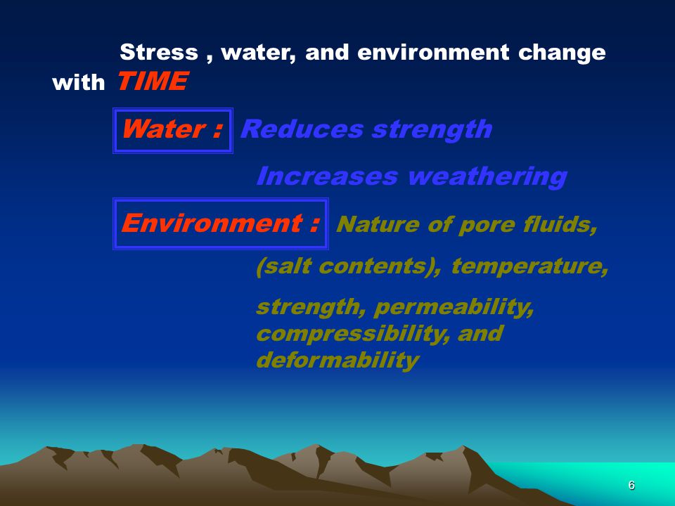 Water : Reduces strength Increases weathering