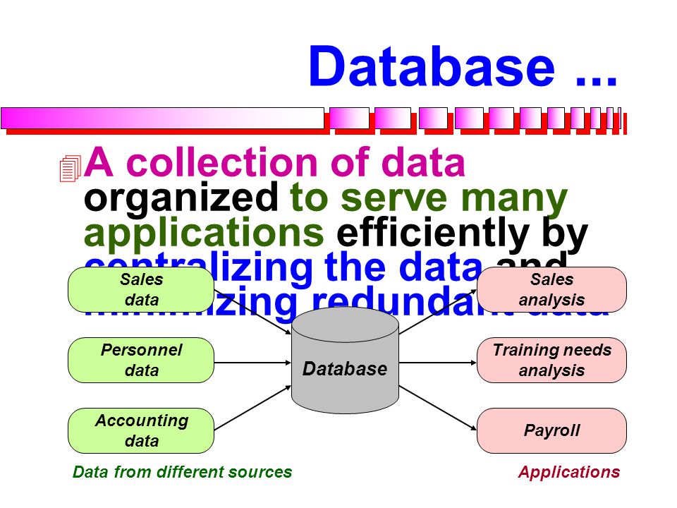 Database ... A collection of data organized to serve many applications efficiently by centralizing the data and minimizing redundant data.