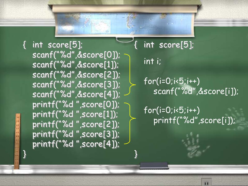 { int score[5]; scanf( %d ,&score[0]); scanf( %d ,&score[1]); scanf( %d ,&score[2]); scanf( %d ,&score[3]);