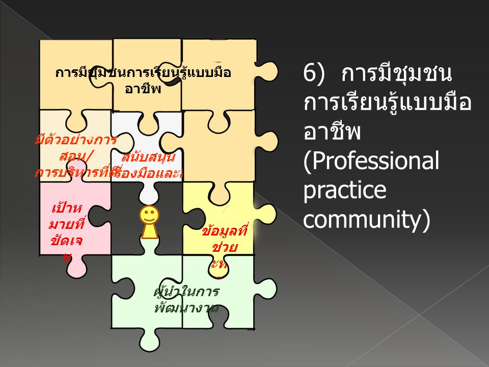 6) การมีชุมชนการเรียนรู้แบบมืออาชีพ (Professional practice community)