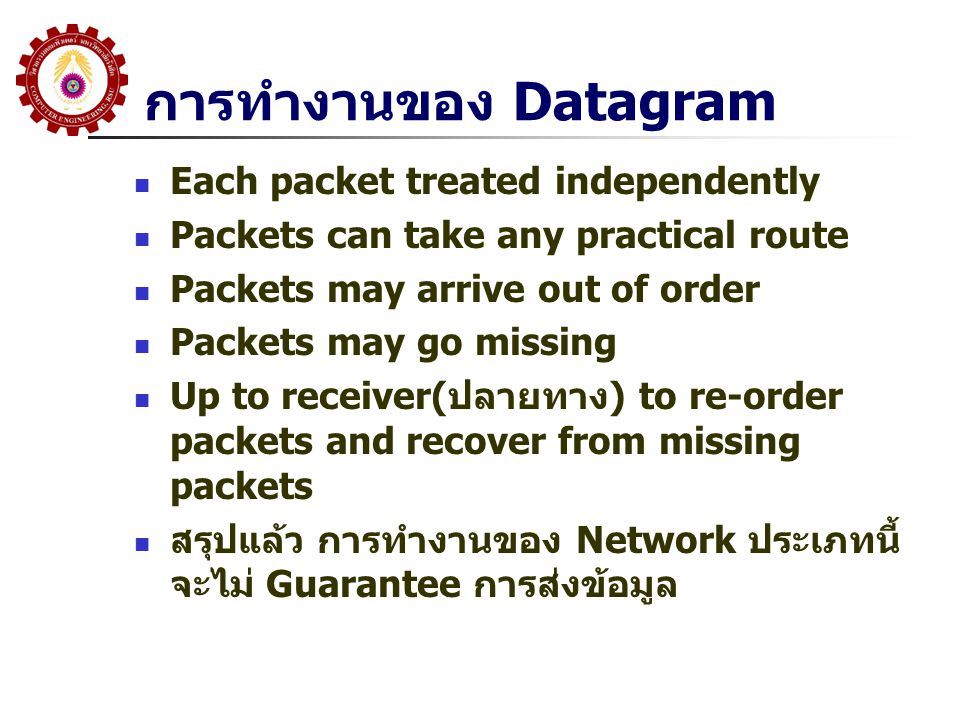 การทำงานของ Datagram Each packet treated independently