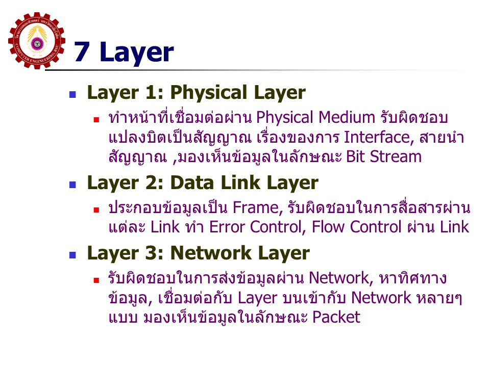 7 Layer Layer 1: Physical Layer Layer 2: Data Link Layer