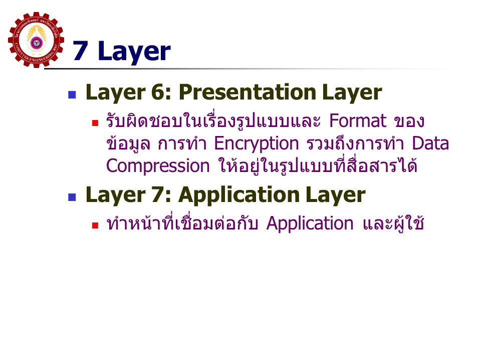 7 Layer Layer 6: Presentation Layer Layer 7: Application Layer