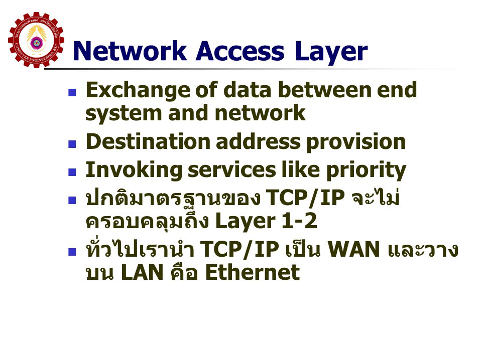 Network Access Layer Exchange of data between end system and network