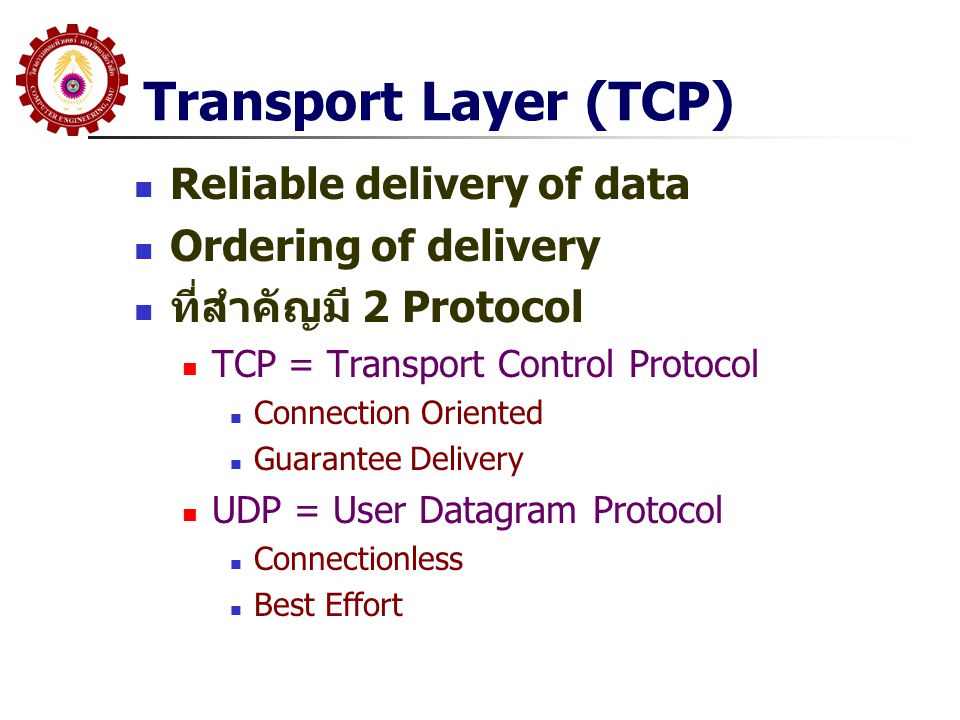 Transport Layer (TCP) Reliable delivery of data Ordering of delivery