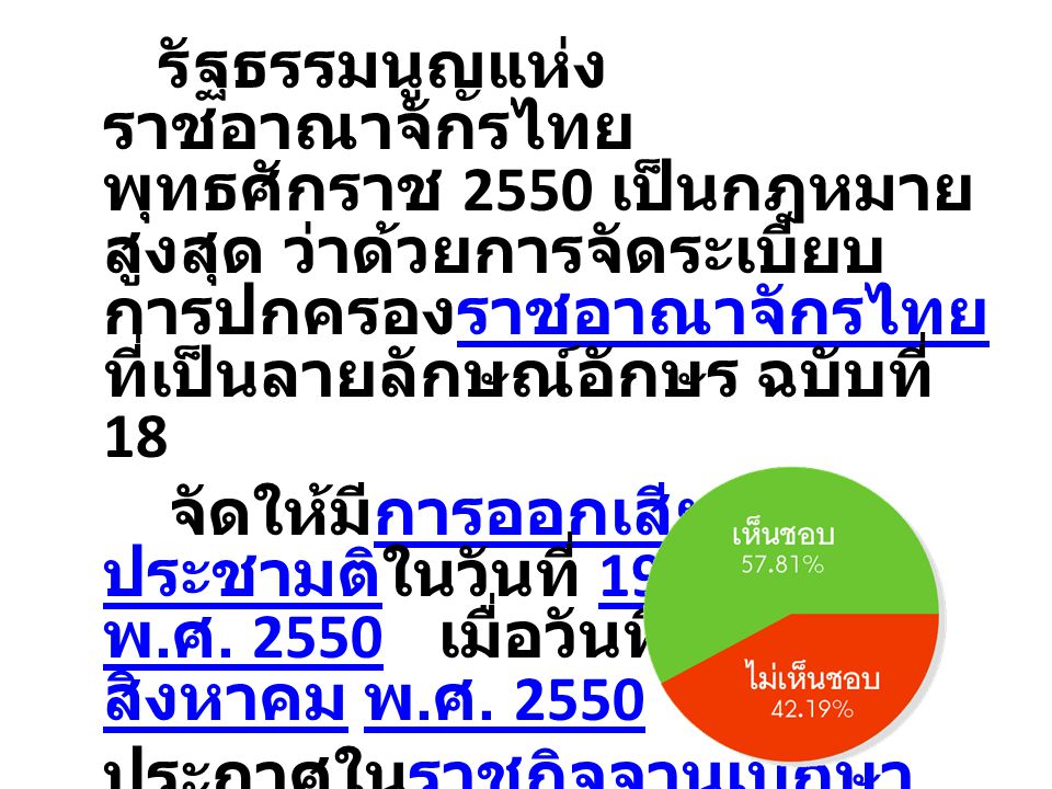 รัฐธรรมนูญแห่งราชอาณาจักรไทย พุทธศักราช 2550 เป็นกฎหมายสูงสุด ว่าด้วยการจัดระเบียบการปกครองราชอาณาจักรไทยที่เป็นลายลักษณ์อักษร ฉบับที่ 18