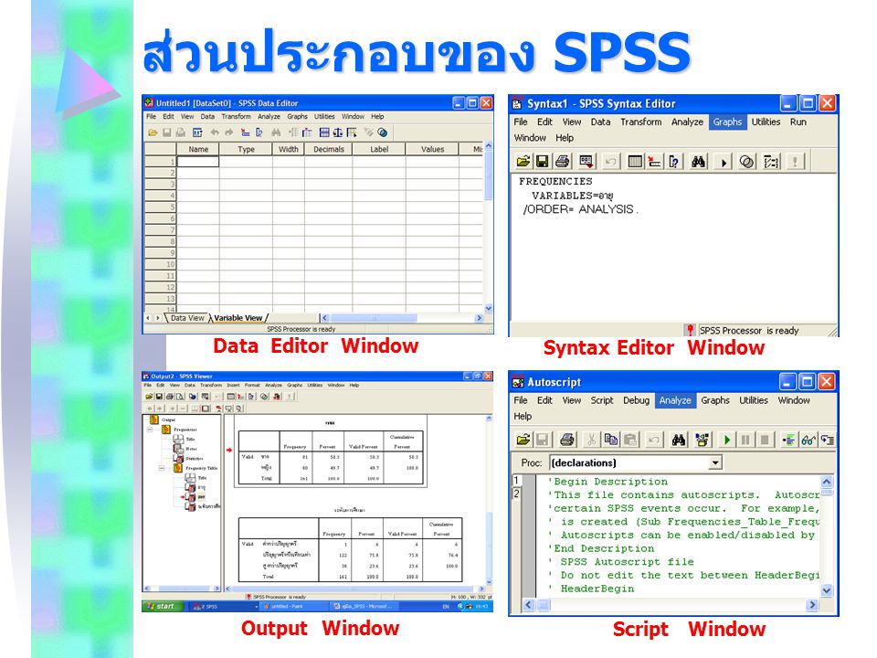 ส่วนประกอบของ SPSS Data Editor Window Syntax Editor Window