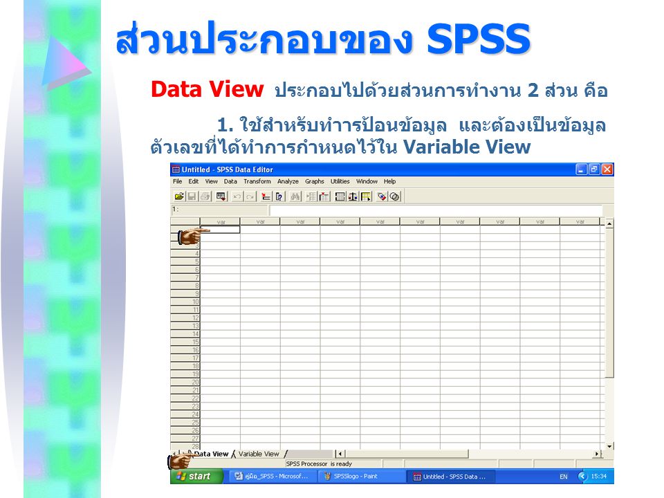 ส่วนประกอบของ SPSS Data View ประกอบไปด้วยส่วนการทำงาน 2 ส่วน คือ