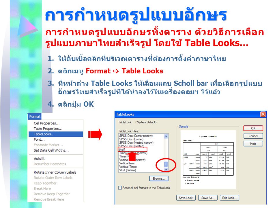 การกำหนดรูปแบบอักษร การกำหนดรูปแบบอักษรทั้งตาราง ด้วยวิธีการเลือกรูปแบบภาษาไทยสำเร็จรูป โดยใช้ Table Looks…