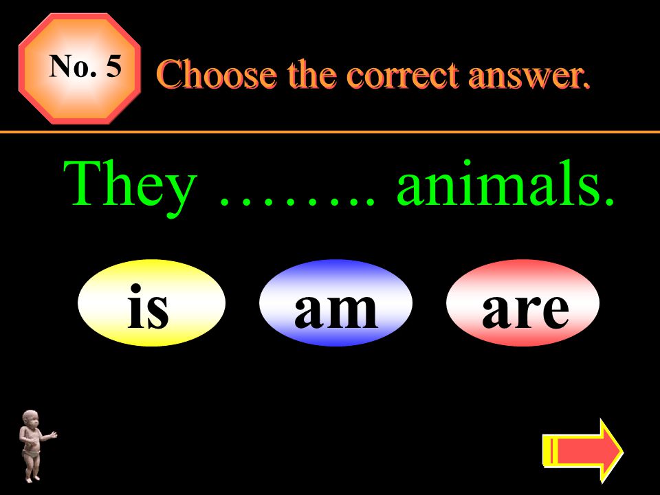 No. 5 Choose the correct answer. They …….. animals. is am are