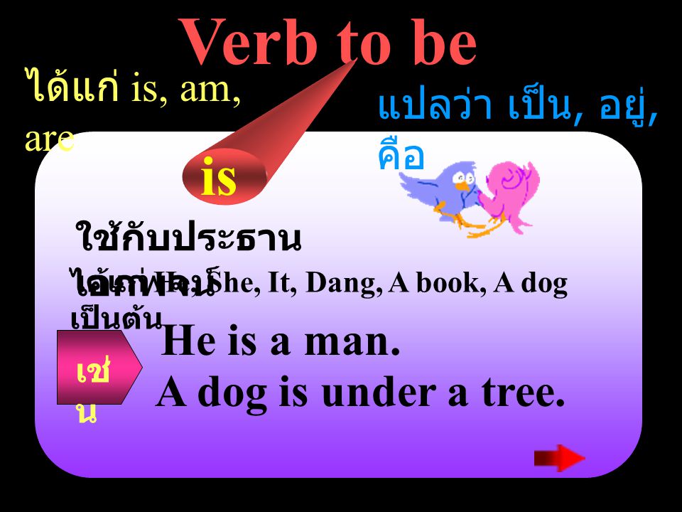 Verb to be is He is a man. A dog is under a tree. ได้แก่ is, am, are
