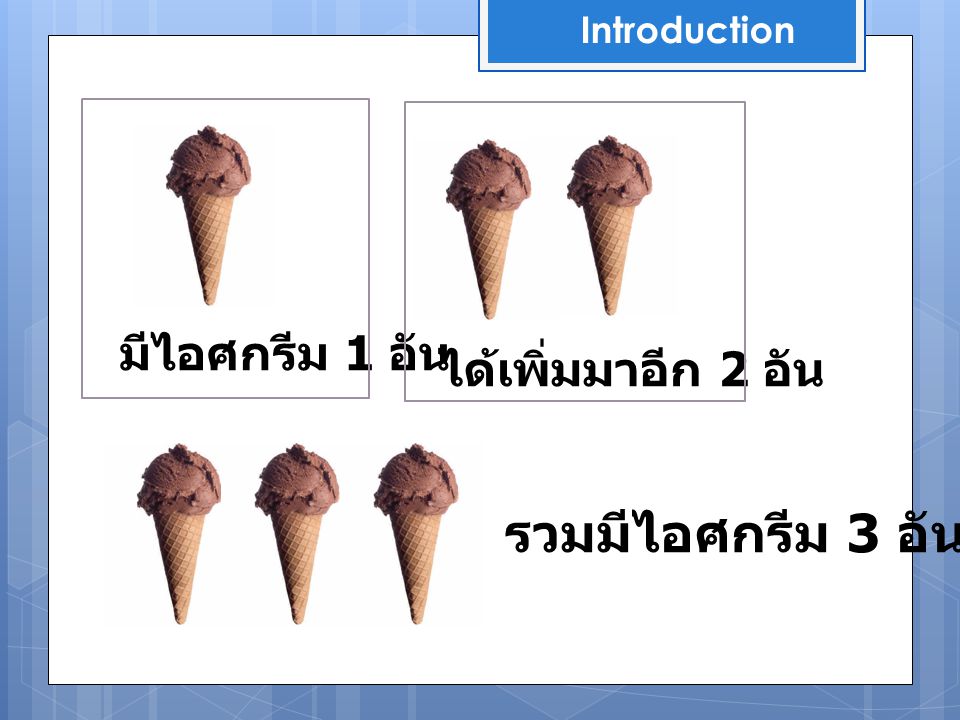Introduction มีไอศกรีม 1 อัน ได้เพิ่มมาอีก 2 อัน รวมมีไอศกรีม 3 อัน
