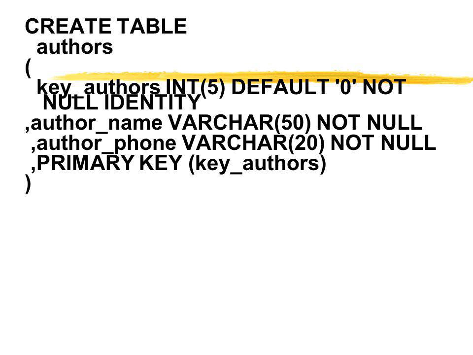 CREATE TABLE authors. ( key_authors INT(5) DEFAULT 0 NOT NULL IDENTITY. ,author_name VARCHAR(50) NOT NULL.