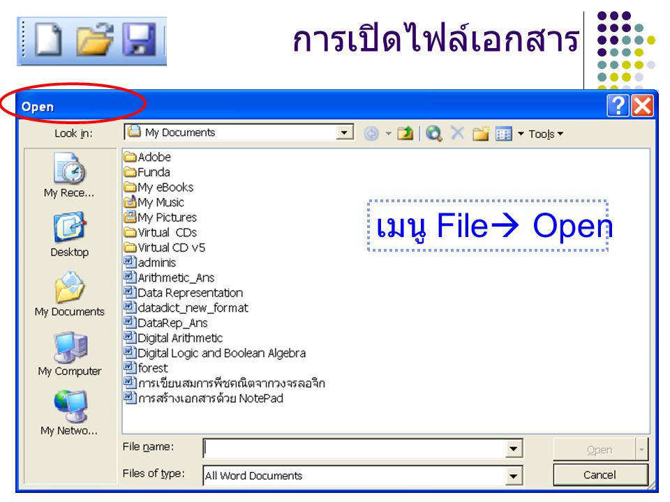 การเปิดไฟล์เอกสาร เมนู File Open