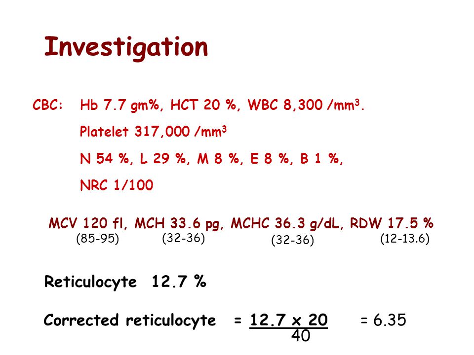 Investigation Reticulocyte 12.7 % Corrected reticulocyte = 12.7 x 20