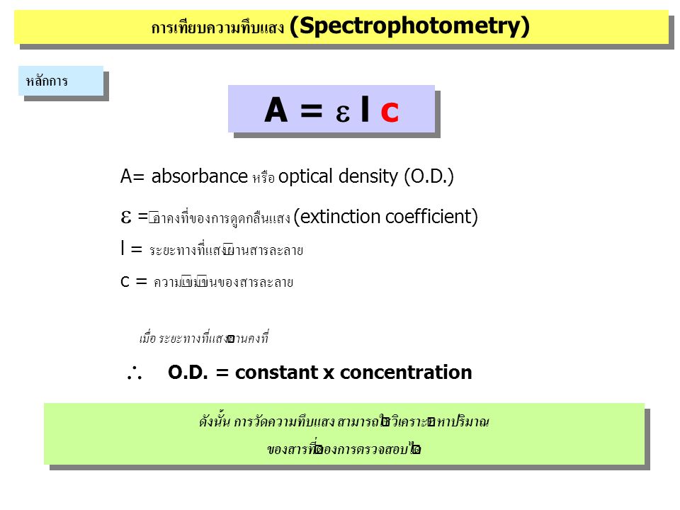 A = e l c e = ค่าคงที่ของการดูดกลืนแสง (extinction coefficient)