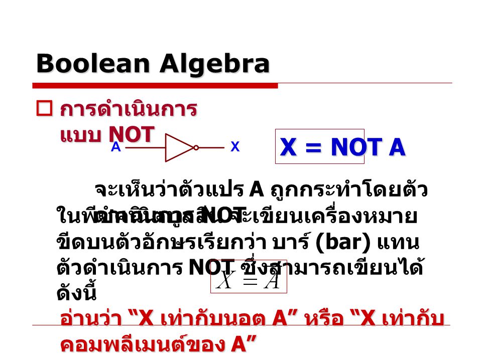 Boolean Algebra X = NOT A การดำเนินการแบบ NOT