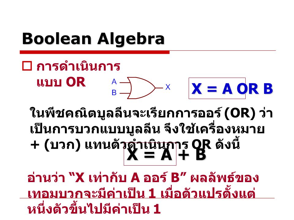 X = A + B Boolean Algebra X = A OR B การดำเนินการแบบ OR