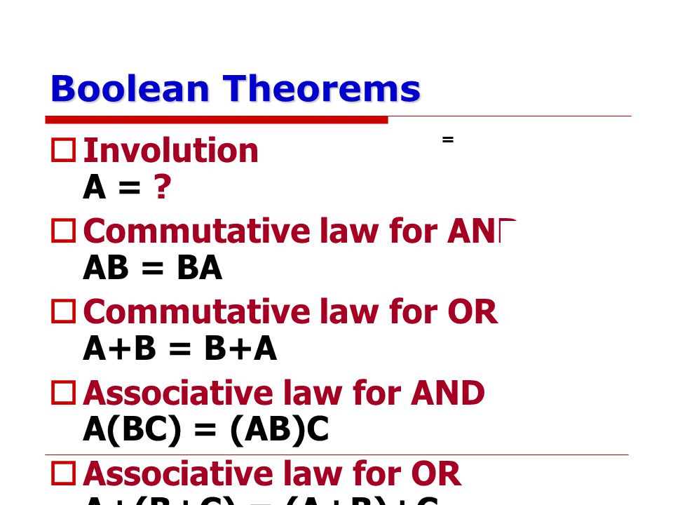 Boolean Theorems Involution A = Commutative law for AND AB = BA