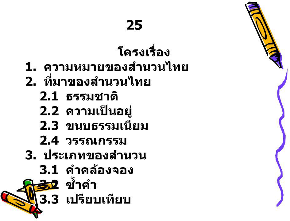 25 โครงเรื่อง 1. ความหมายของสำนวนไทย 2. ที่มาของสำนวนไทย 2.1 ธรรมชาติ