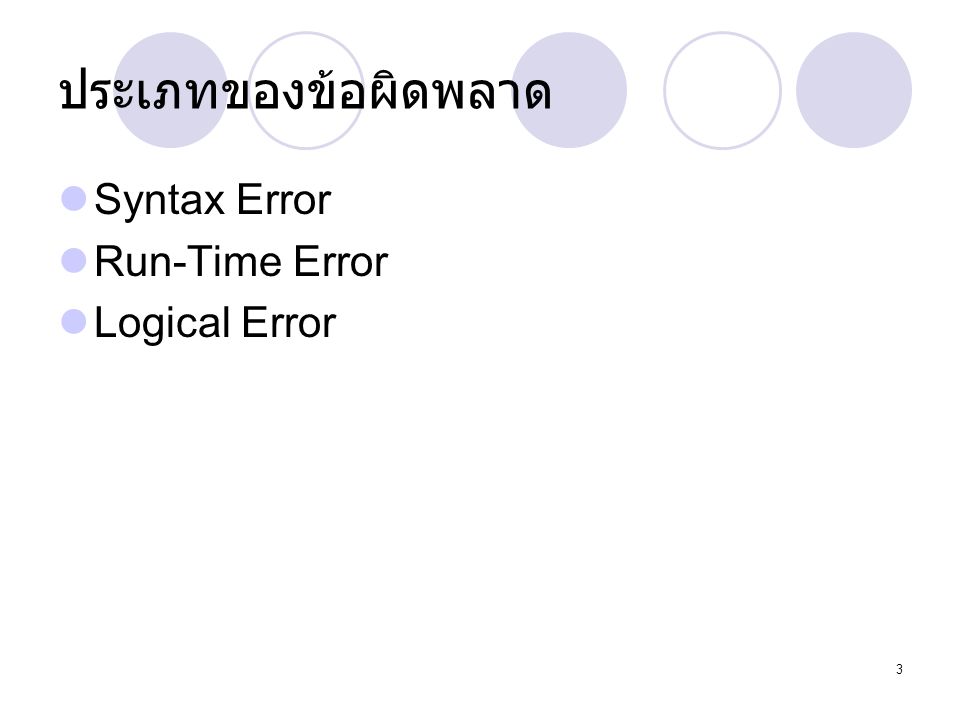 ประเภทของข้อผิดพลาด Syntax Error Run-Time Error Logical Error