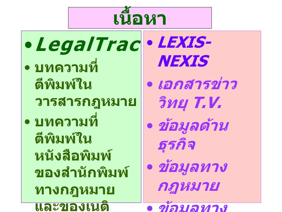 เนื้อหา LegalTrac LEXIS-NEXIS เอกสารข่าว วิทยุ T.V. ข้อมูลด้านธุรกิจ