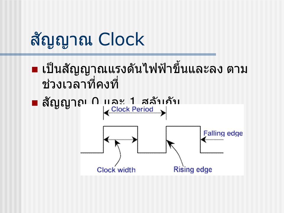 สัญญาณ Clock เป็นสัญญาณแรงดันไฟฟ้าขึ้นและลง ตามช่วงเวลาที่คงที่