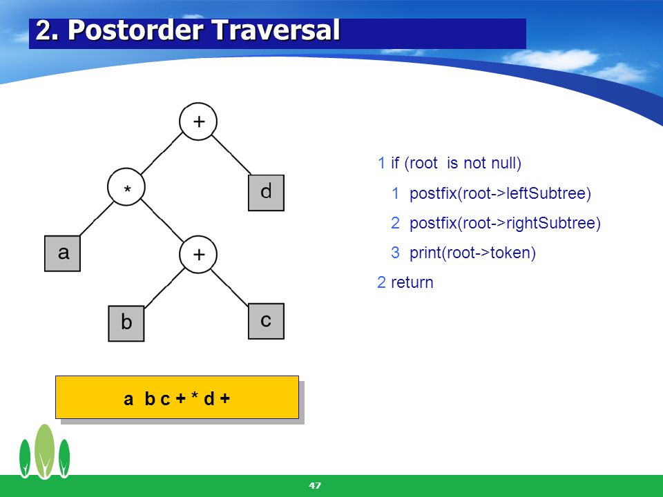 2. Postorder Traversal a b c + * d + 1 if (root is not null)