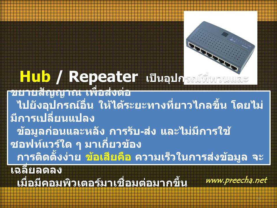 Hub / Repeater เป็นอุปกรณ์ที่ทวนและขยายสัญญาณ เพื่อส่งต่อ