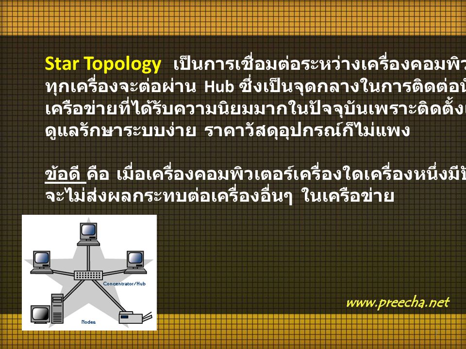 Star Topology เป็นการเชื่อมต่อระหว่างเครื่องคอมพิวเตอร์