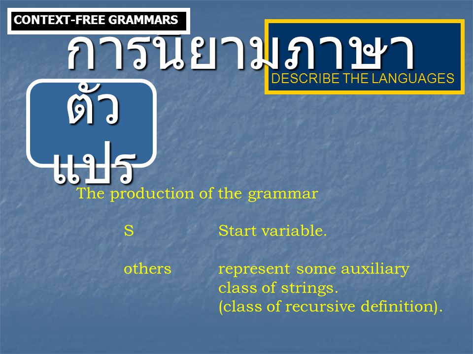 การนิยามภาษา ตัวแปร The production of the grammar S Start variable.