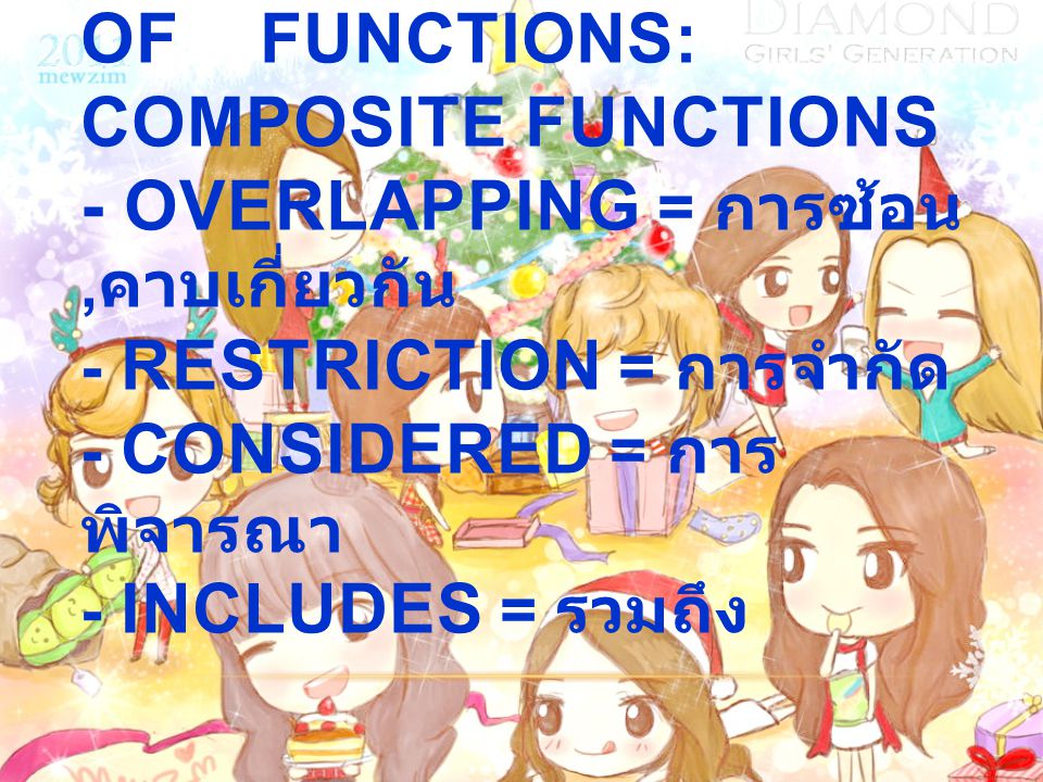 1.8 Combinations of functions: Composite Functions - Overlapping = การซ้อน,คาบเกี่ยวกัน - Restriction = การจำกัด - Considered = การพิจารณา - Includes = รวมถึง