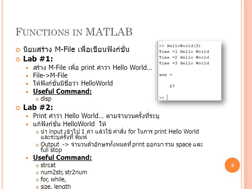 Functions in MATLAB นิยมสร้าง M-File เพื่อเขียนฟังก์ชั่น Lab #1: