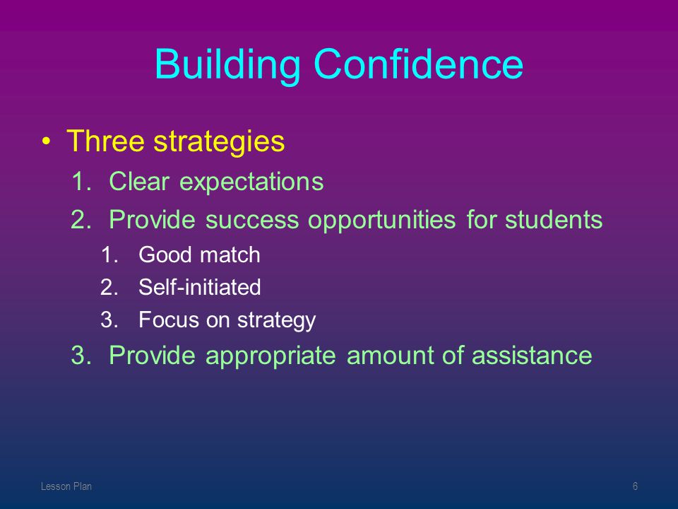 Building Confidence Three strategies Clear expectations
