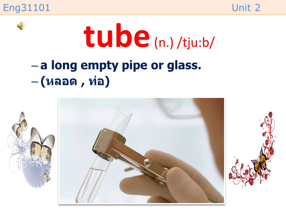 tube (n.) /tju:b/ a long empty pipe or glass. (หลอด , ท่อ)