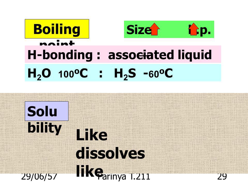 Like dissolves like Boiling point Solubility Size b.p.