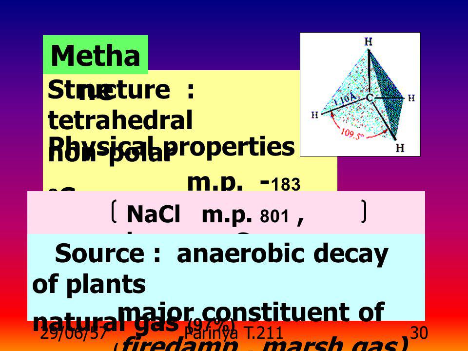 Methane Structure : tetrahedral Physical properties : non-polar