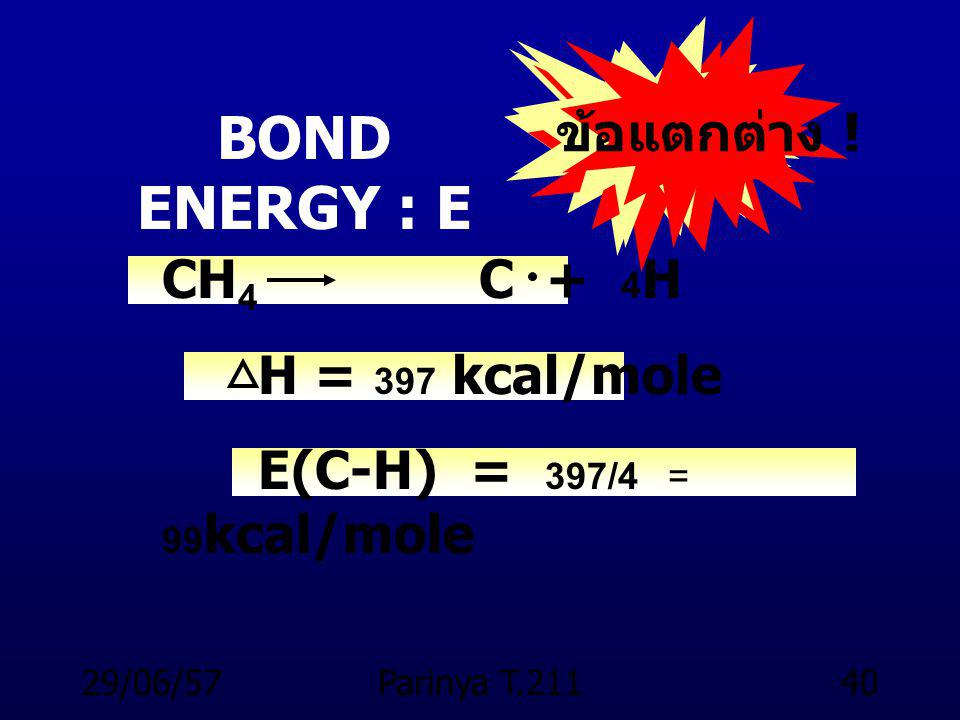 BOND ENERGY : E ข้อแตกต่าง ! CH4 C + 4H H = 397 kcal/mole