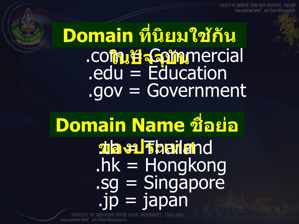 Domain ที่นิยมใช้กันในปัจจุบัน Domain Name ชื่อย่อของประเทศ