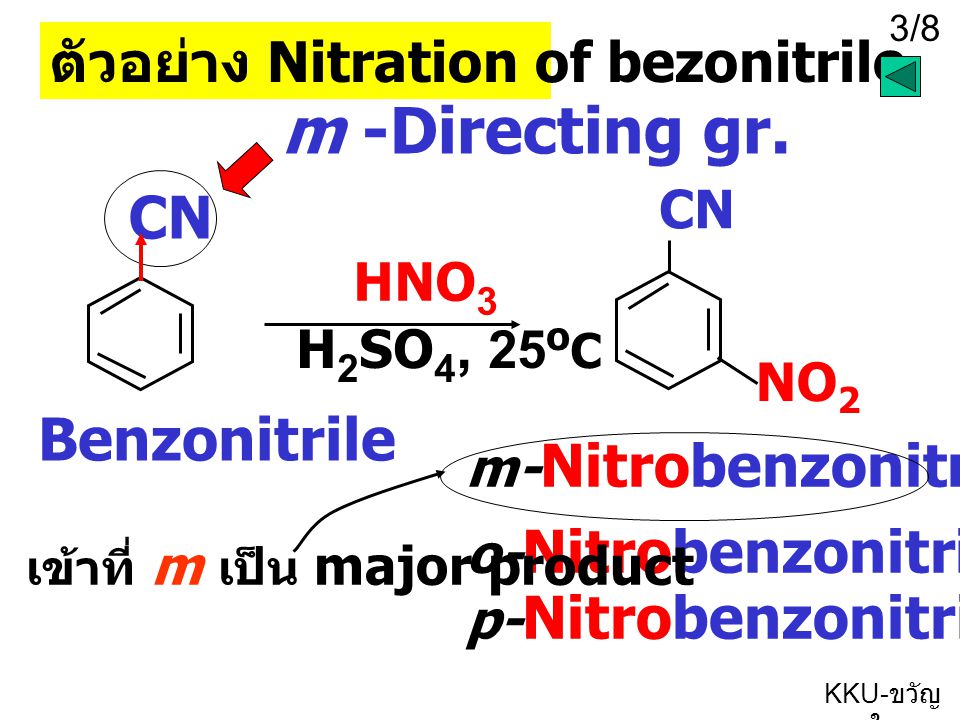 m -Directing gr. CN Benzonitrile ตัวอย่าง Nitration of bezonitrile CN