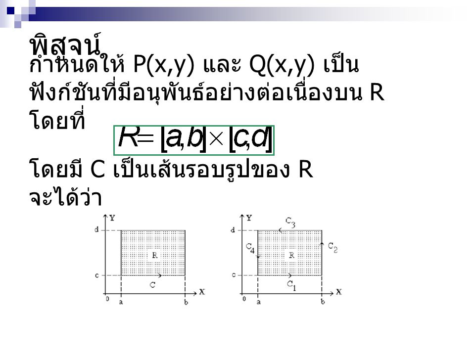 พิสูจน์ กำหนดให้ P(x,y) และ Q(x,y) เป็นฟังก์ชันที่มีอนุพันธ์อย่างต่อเนื่องบน R โดยที่ โดยมี C เป็นเส้นรอบรูปของ R จะได้ว่า.