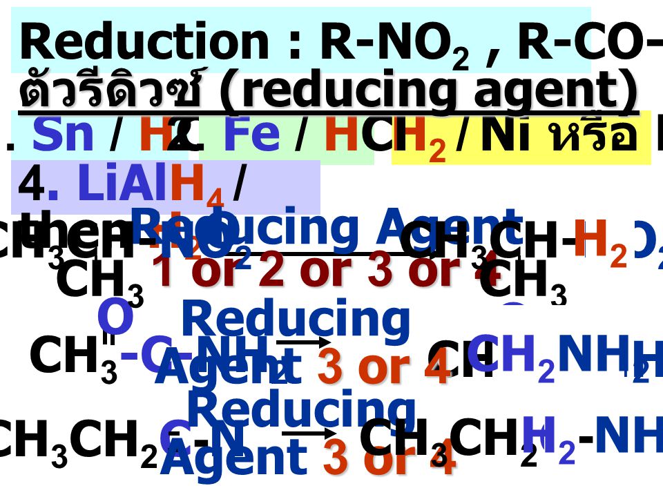 Reduction : R-NO2 , R-CO-NH2 , R-CN