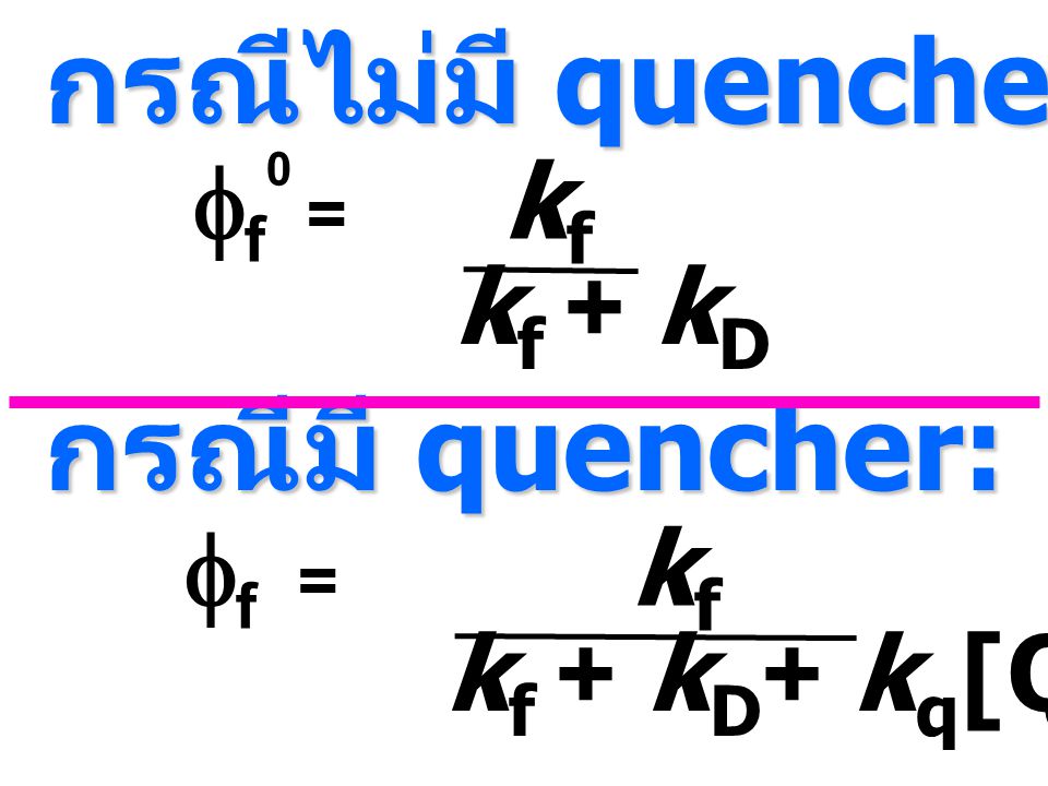 กรณีไม่มี quencher: กรณีมี quencher: ff0 = kf kf + kD ff = kf